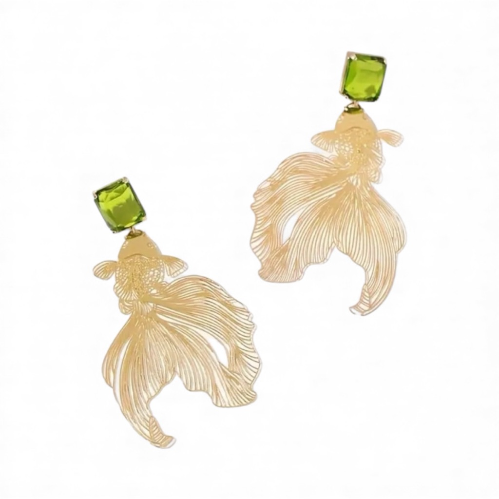Green Rhinestone Gold Koi Fish Statement Dangle Earrings 20$